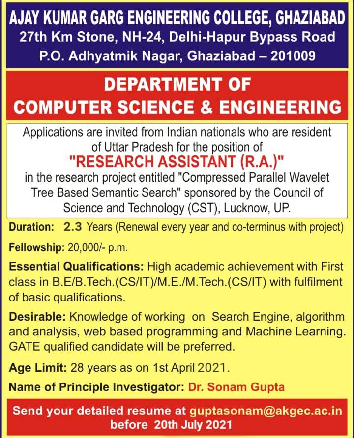 Advertisement for recruitment of RA